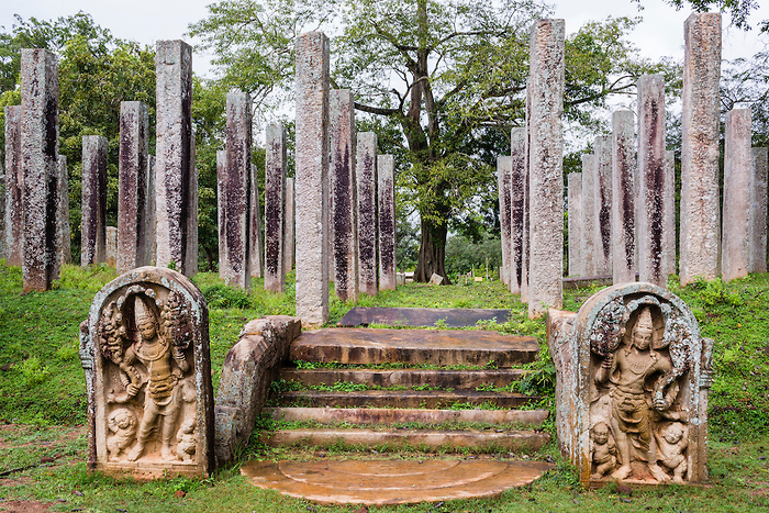 Ruins of stone columns at Thuparama Dagoba in the Mahavihara (The Great Monastery), Sacred City of Anuradhapura, Sri Lanka, Asia